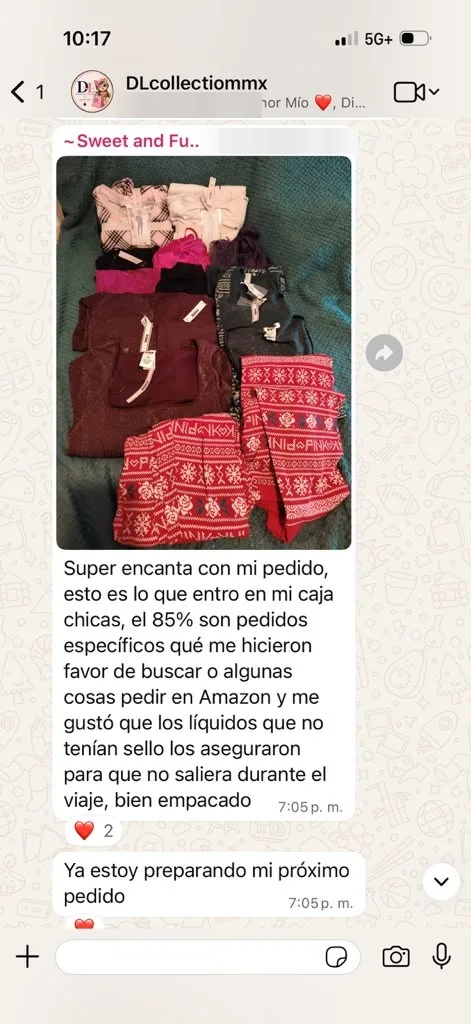 Reseña real de WhatsApp: clienta feliz con su pedido de DL Collection Mx